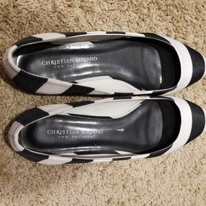 Black and white striped flats